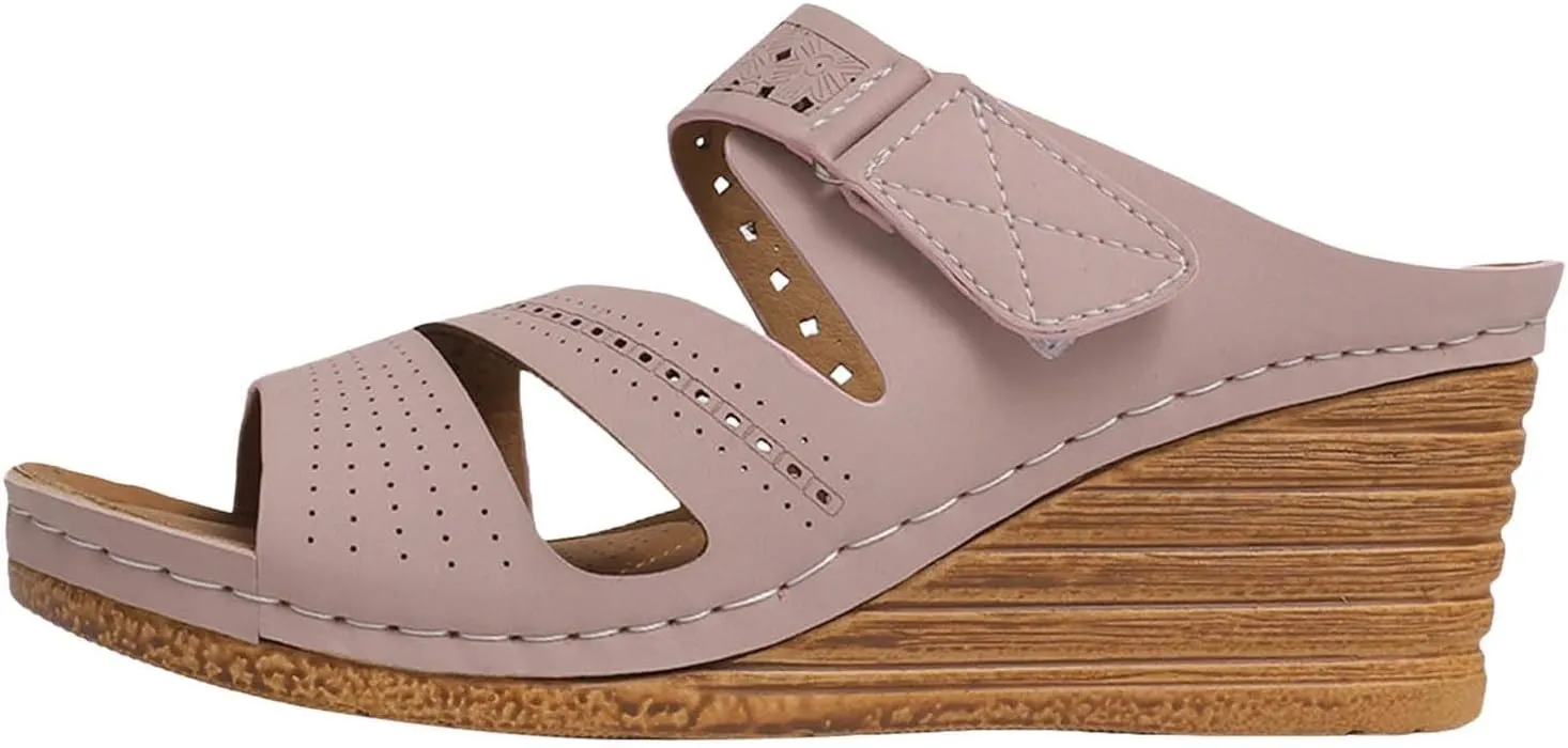 Women's Summer Open Toe Leather Slope Heel Sandal Slippers Casual Comfortable Womens Fuzzy Slippers Size 8 Open Toe