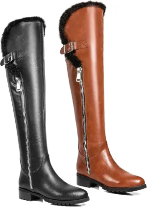 Women's Tall Boots High-Low Shaft Shearling Trim Low Heels Adult