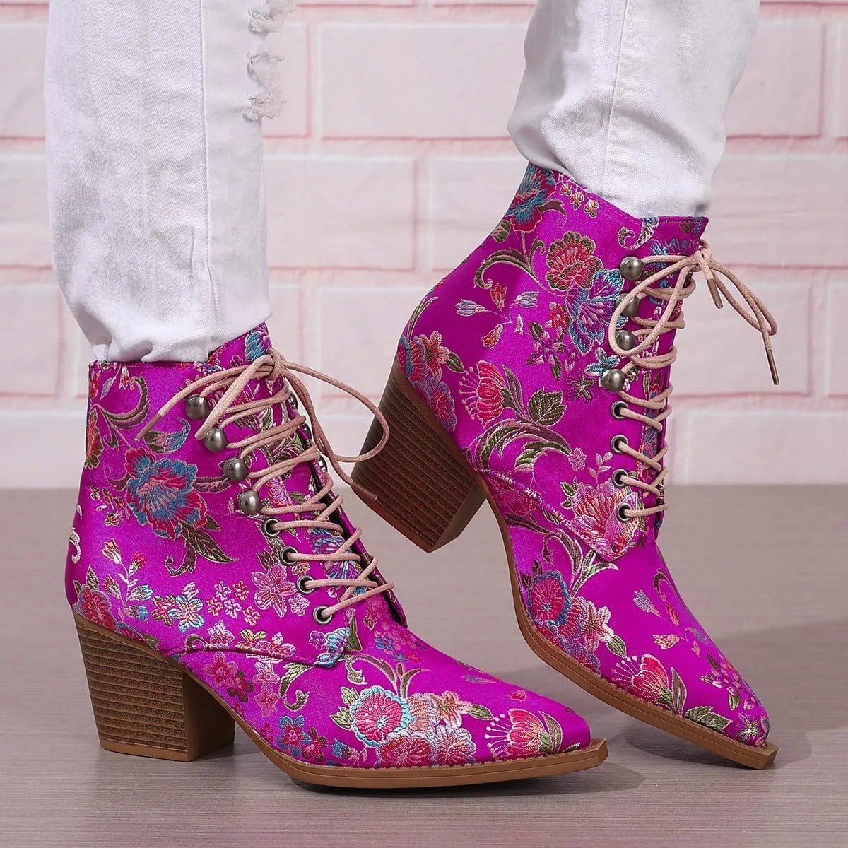 Women's Vintage Ankle Boots Embroidered Low Block Heel with Pointed Toe Lace up Ankle Bootie Floral Dress Short Booties