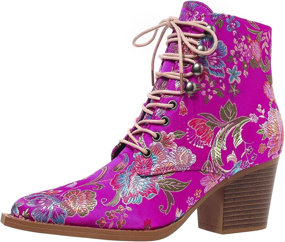 Women's Vintage Ankle Boots Embroidered Low Block Heel with Pointed Toe Lace up Ankle Bootie Floral Dress Short Booties