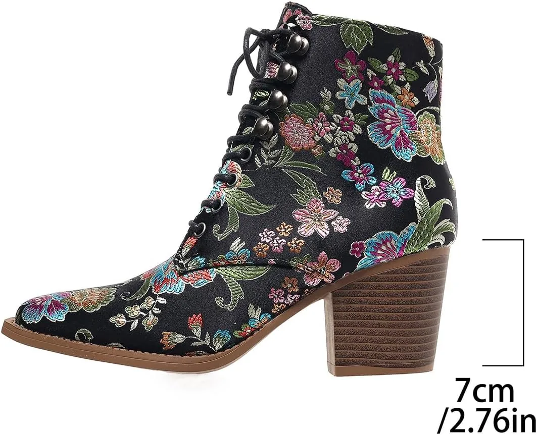 Women's Vintage Ankle Boots Embroidered Low Block Heel with Pointed Toe Lace up Ankle Bootie Floral Dress Short Booties