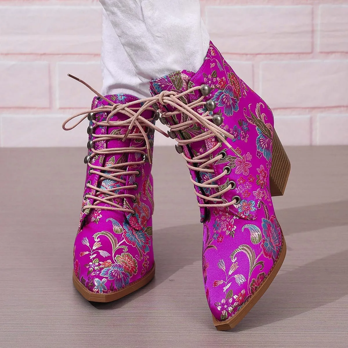 Women's Vintage Ankle Boots Embroidered Low Block Heel with Pointed Toe Lace up Ankle Bootie Floral Dress Short Booties