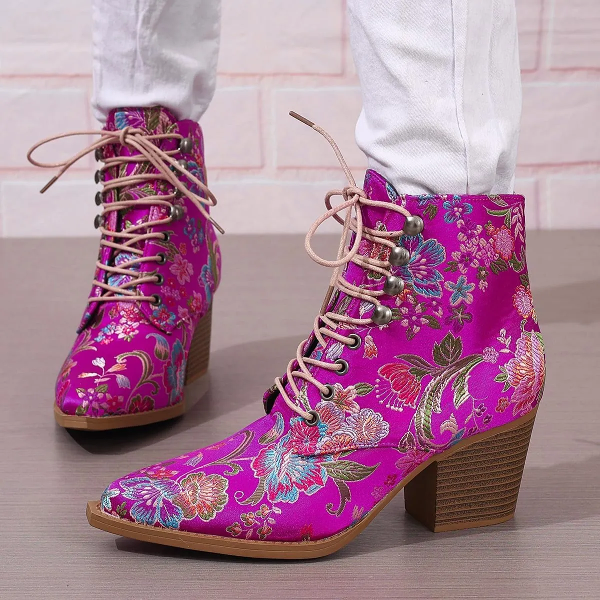 Women's Vintage Ankle Boots Embroidered Low Block Heel with Pointed Toe Lace up Ankle Bootie Floral Dress Short Booties