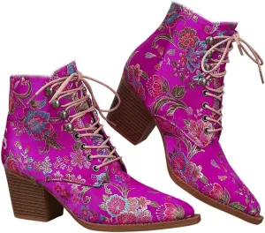 Women's Vintage Ankle Boots Embroidered Low Block Heel with Pointed Toe Lace up Ankle Bootie Floral Dress Short Booties