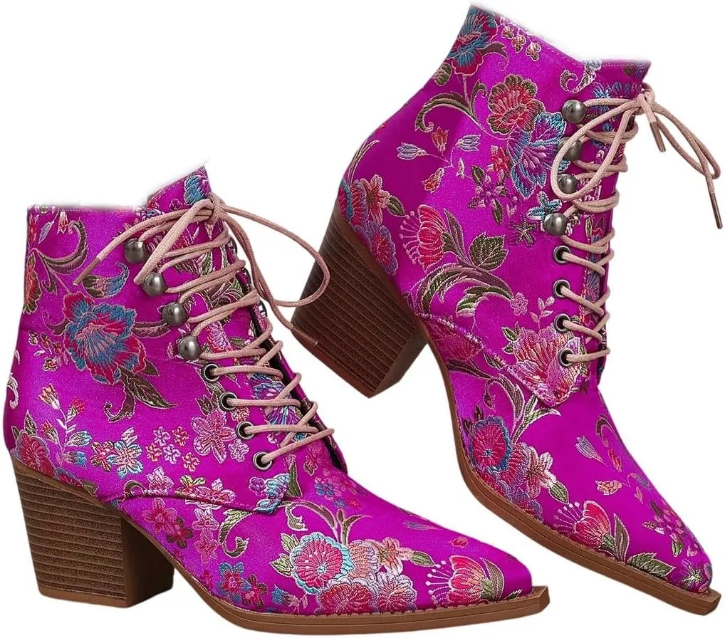 Women's Vintage Ankle Boots Embroidered Low Block Heel with Pointed Toe Lace up Ankle Bootie Floral Dress Short Booties