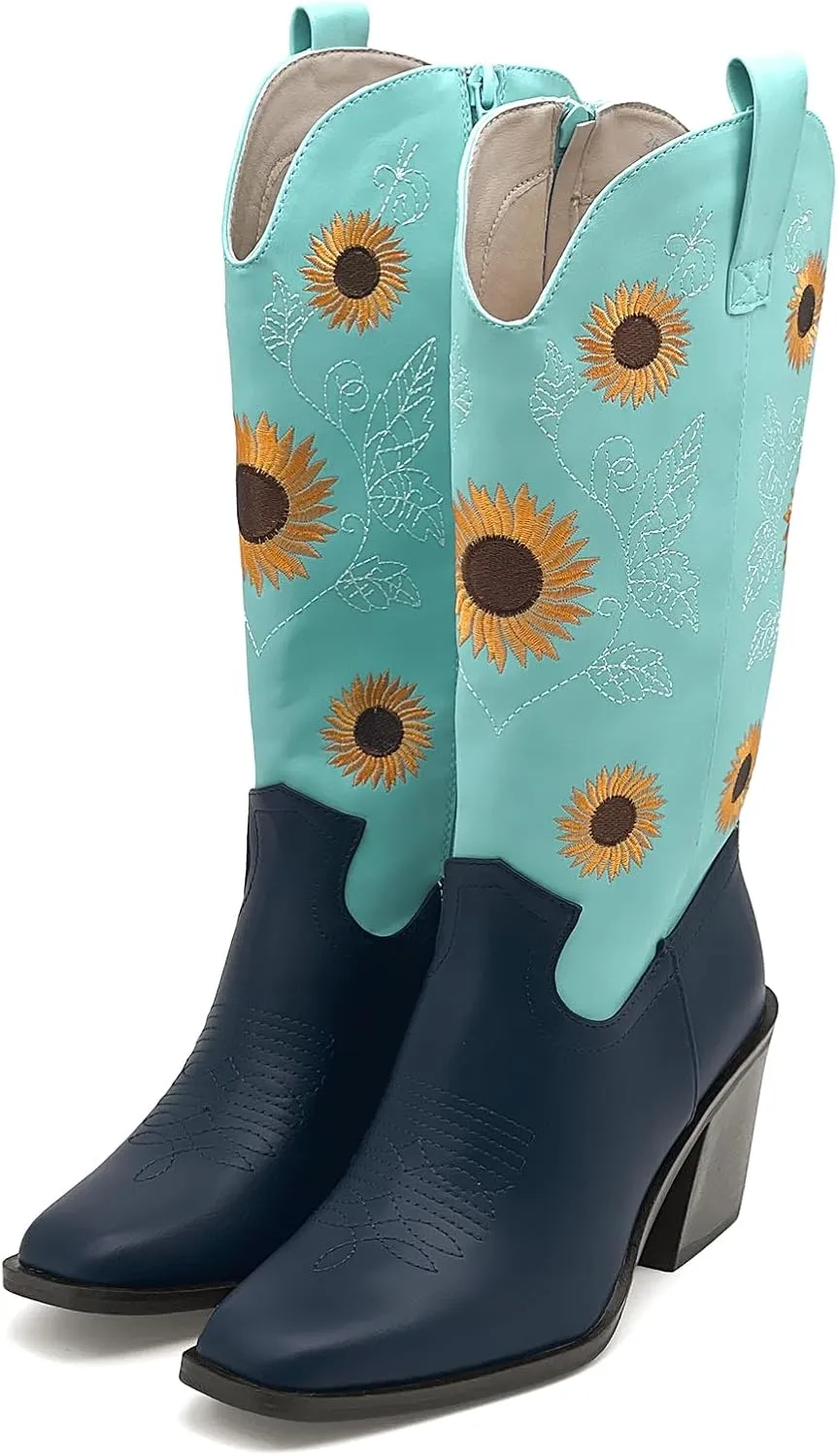 Women's Western Cowboy Boots Mid Calf Cowgirl Boots Chunky Heel Zipper Square Toe Embroidered Sunflower Fashion Boots