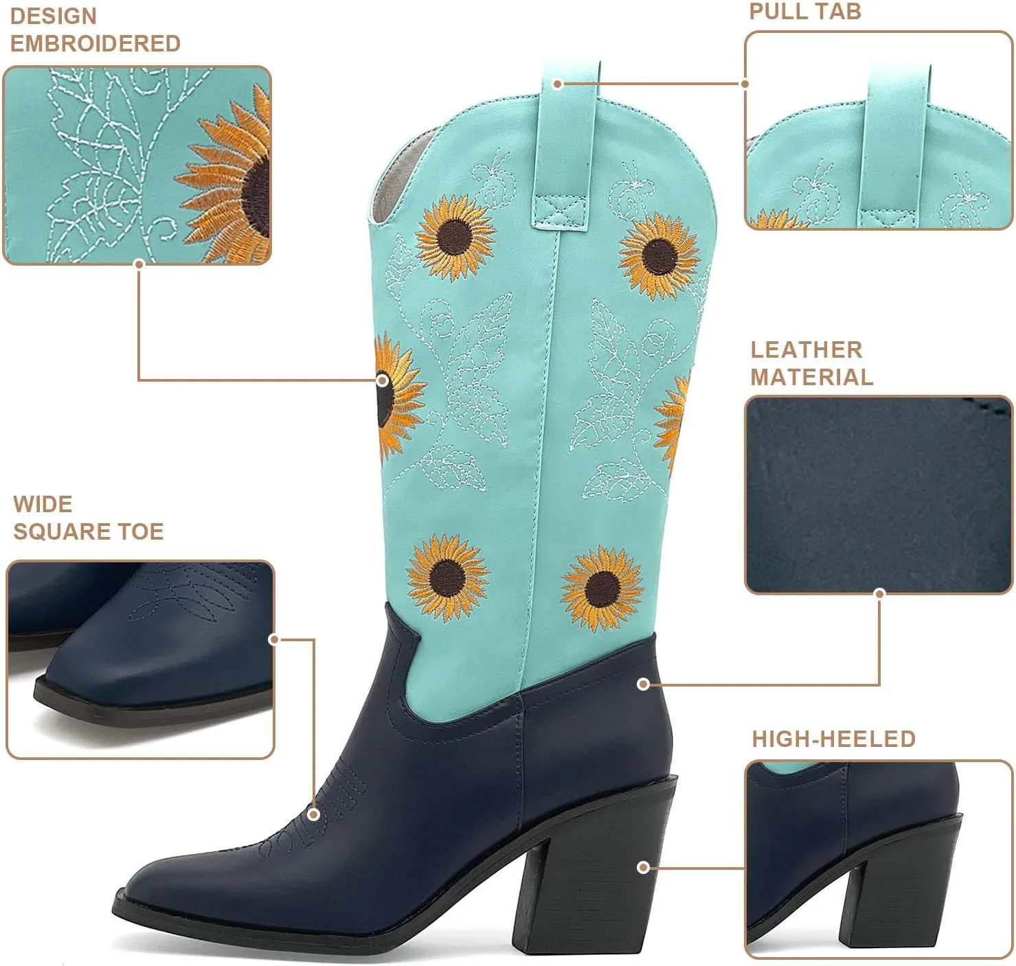 Women's Western Cowboy Boots Mid Calf Cowgirl Boots Chunky Heel Zipper Square Toe Embroidered Sunflower Fashion Boots