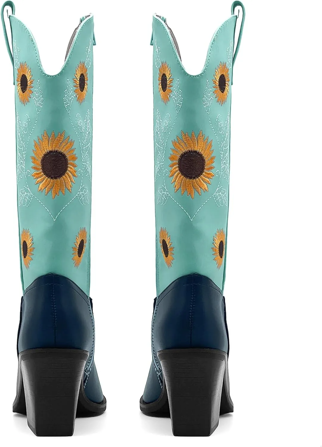 Women's Western Cowboy Boots Mid Calf Cowgirl Boots Chunky Heel Zipper Square Toe Embroidered Sunflower Fashion Boots