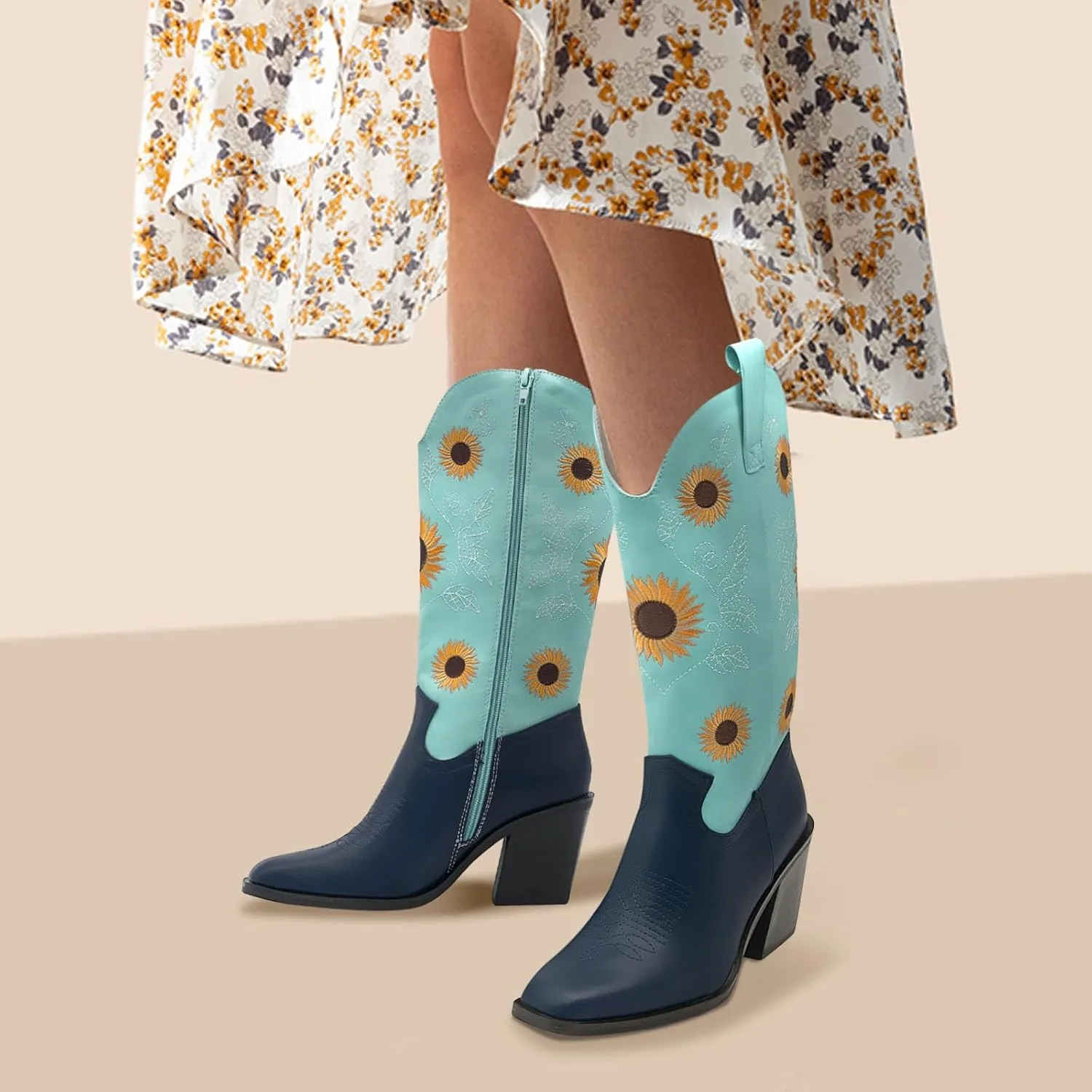 Women's Western Cowboy Boots Mid Calf Cowgirl Boots Chunky Heel Zipper Square Toe Embroidered Sunflower Fashion Boots