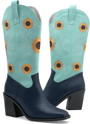 Women's Western Cowboy Boots Mid Calf Cowgirl Boots Chunky Heel Zipper Square Toe Embroidered Sunflower Fashion Boots