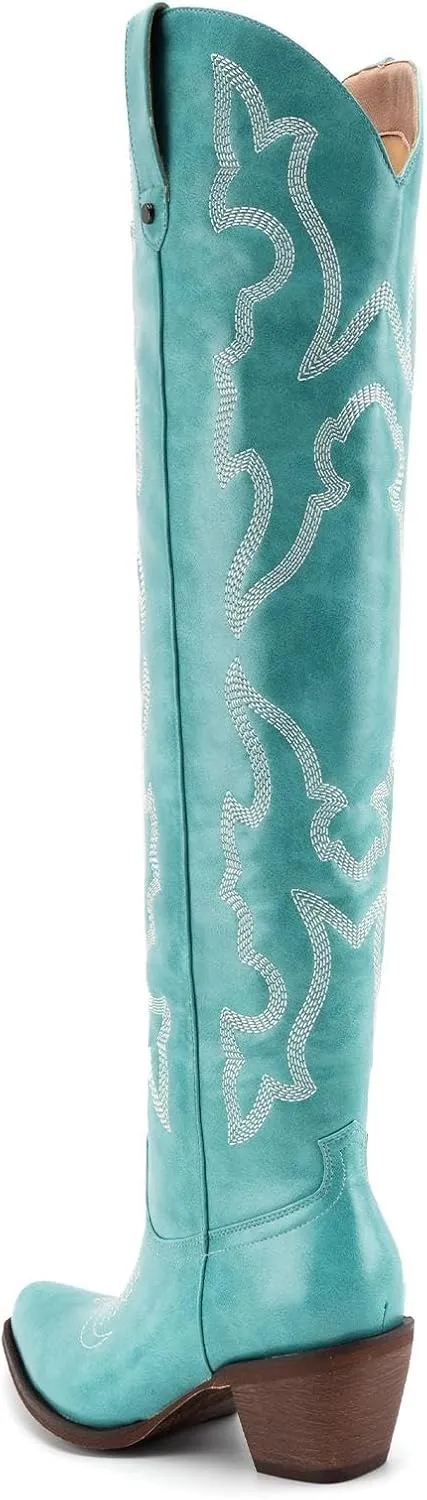 Womens White Cowgirl Boots Fashion Over the Knee Boots With Classic Embroidery Chunky Heels And Western Style
