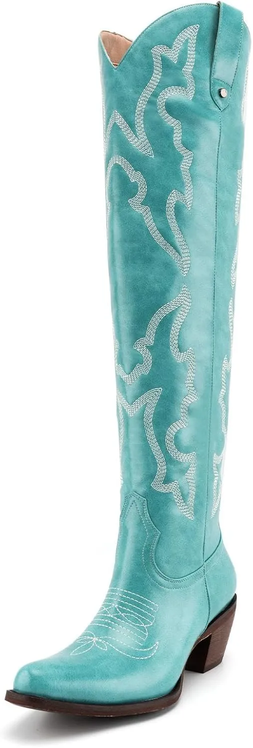 Womens White Cowgirl Boots Fashion Over the Knee Boots With Classic Embroidery Chunky Heels And Western Style