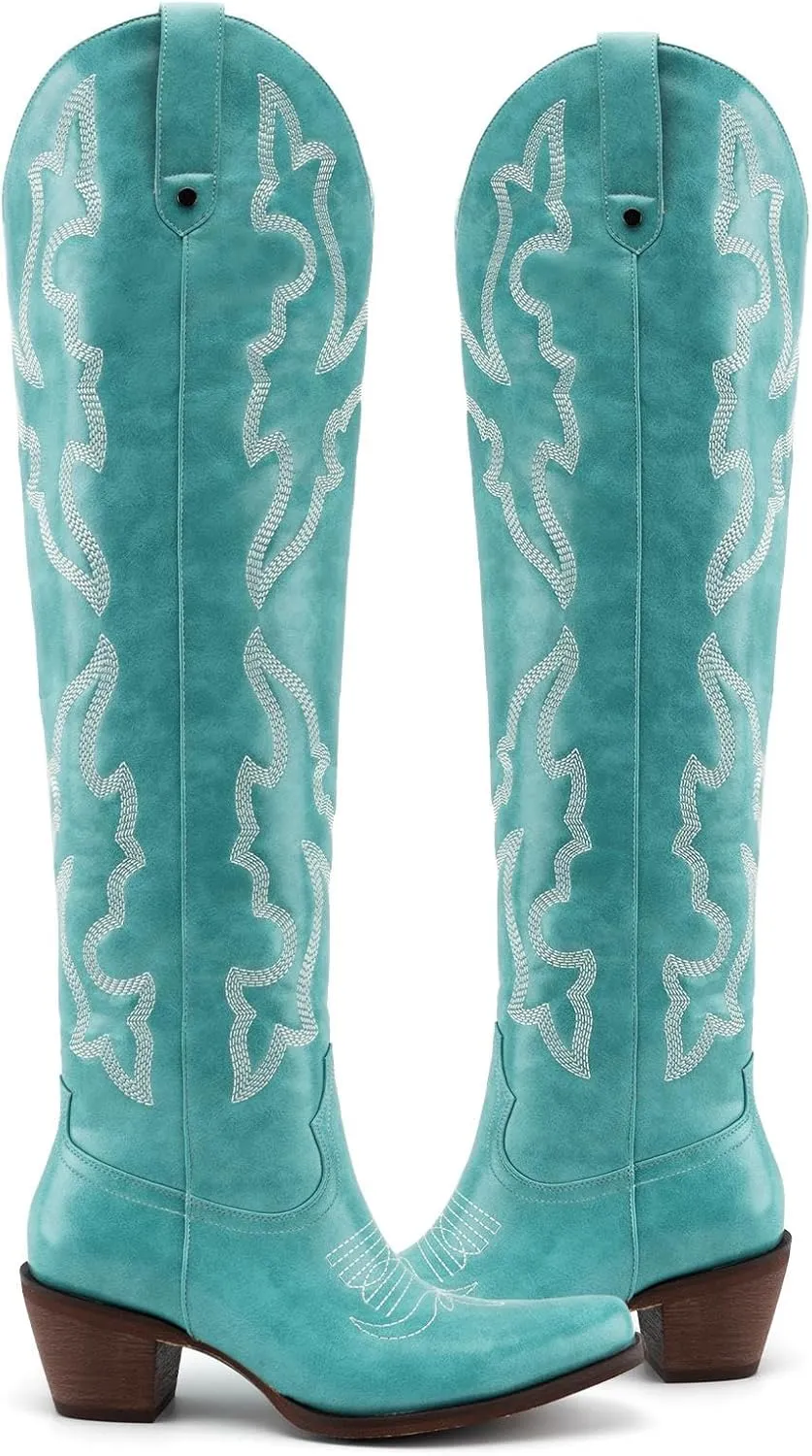 Womens White Cowgirl Boots Fashion Over the Knee Boots With Classic Embroidery Chunky Heels And Western Style