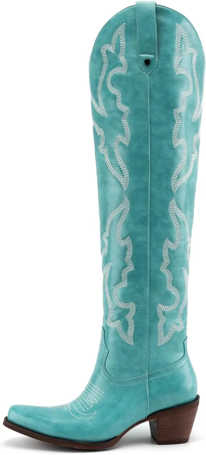Womens White Cowgirl Boots Fashion Over the Knee Boots With Classic Embroidery Chunky Heels And Western Style