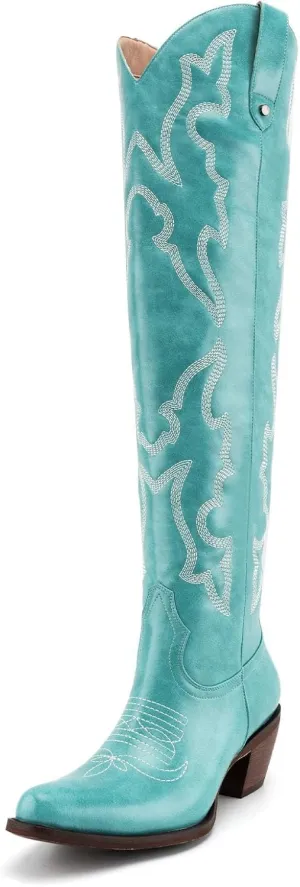 Womens White Cowgirl Boots Fashion Over the Knee Boots With Classic Embroidery Chunky Heels And Western Style