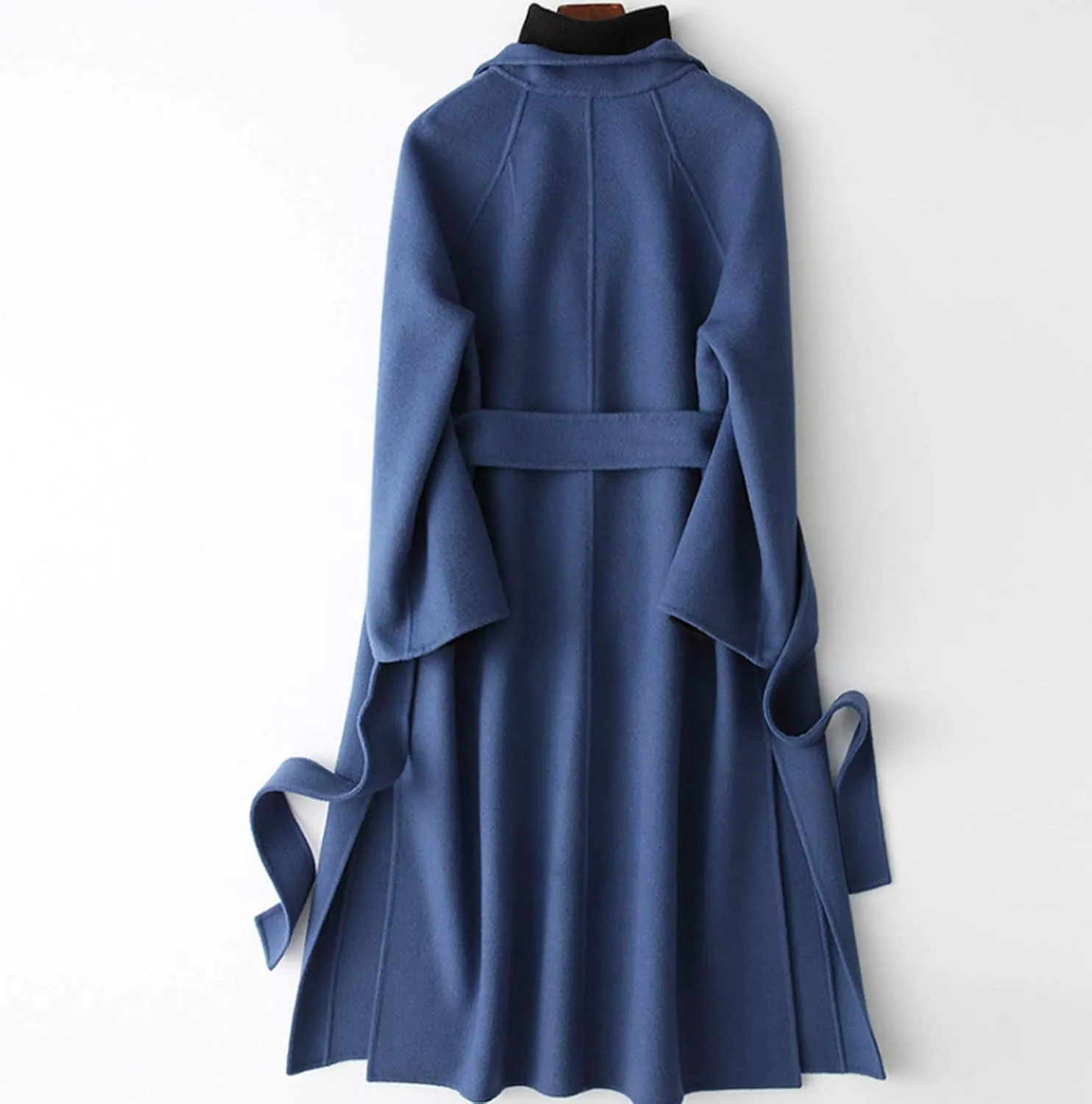 Womens Wool Coats Cashmere Trench Autumn Winter Solid Color Slim Warm Long Overcoat Cardigan Jackets Outwear with Belt,Blue,S