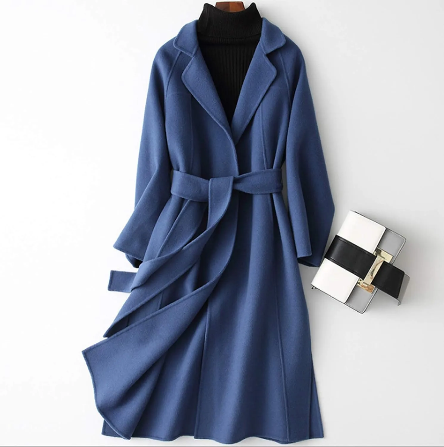 Womens Wool Coats Cashmere Trench Autumn Winter Solid Color Slim Warm Long Overcoat Cardigan Jackets Outwear with Belt,Blue,S