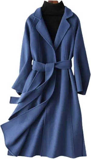 Womens Wool Coats Cashmere Trench Autumn Winter Solid Color Slim Warm Long Overcoat Cardigan Jackets Outwear with Belt,Blue,S
