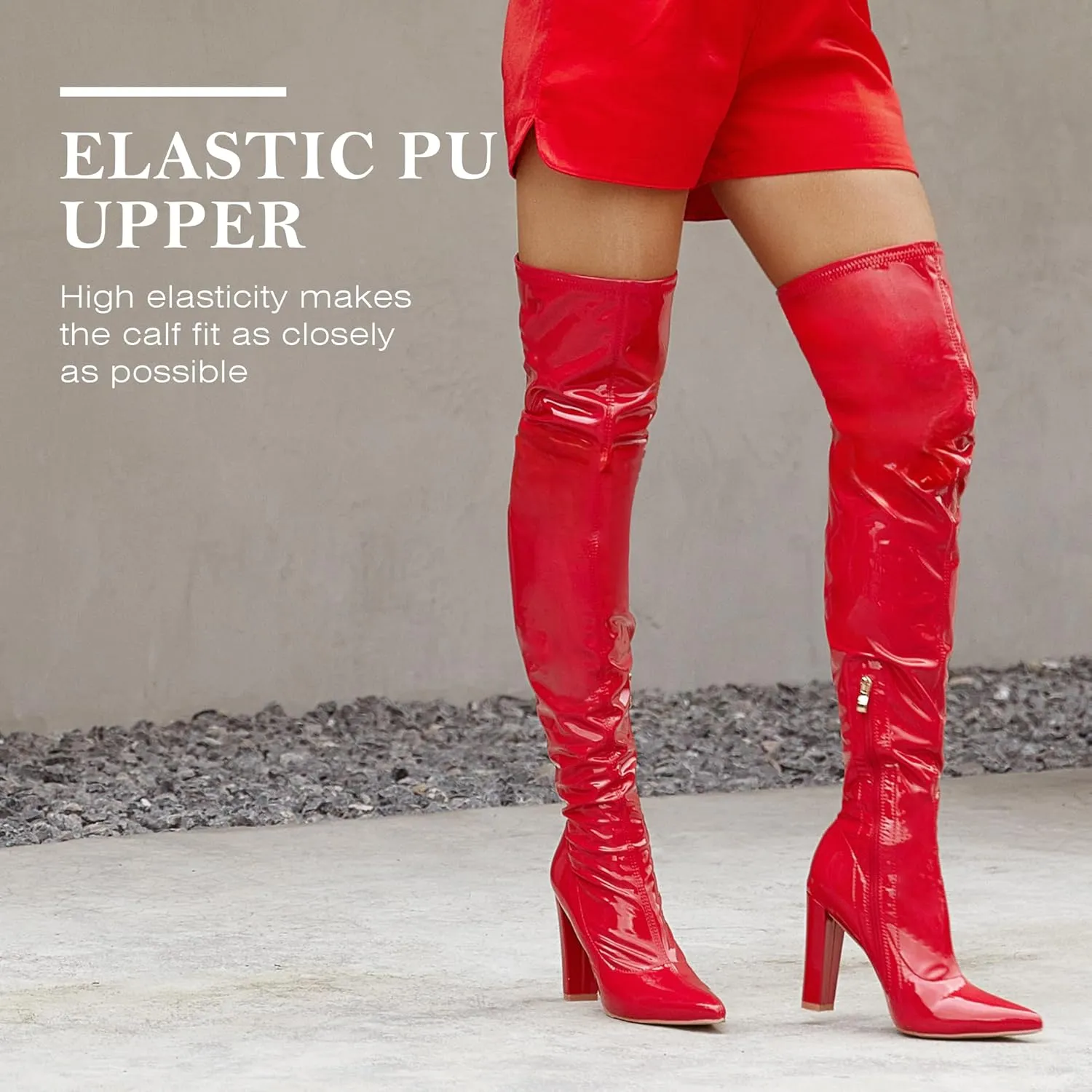 WSKEISP Women's Thigh High Boots Patent Leather PU Heeled Over The Knee High Boots Sexy Pointed Toe Chunky Heel GOGO Boots