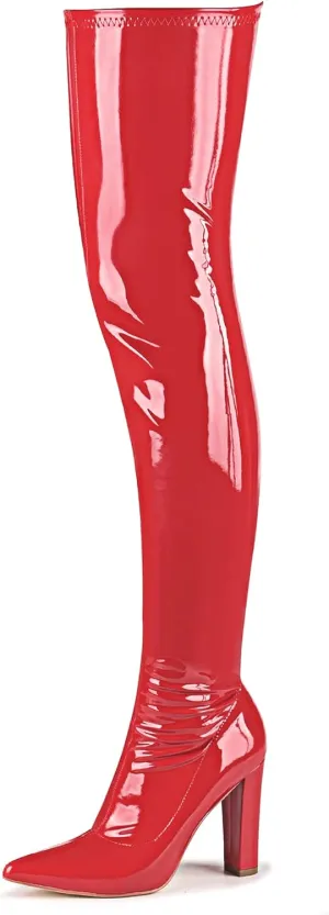 WSKEISP Women's Thigh High Boots Patent Leather PU Heeled Over The Knee High Boots Sexy Pointed Toe Chunky Heel GOGO Boots