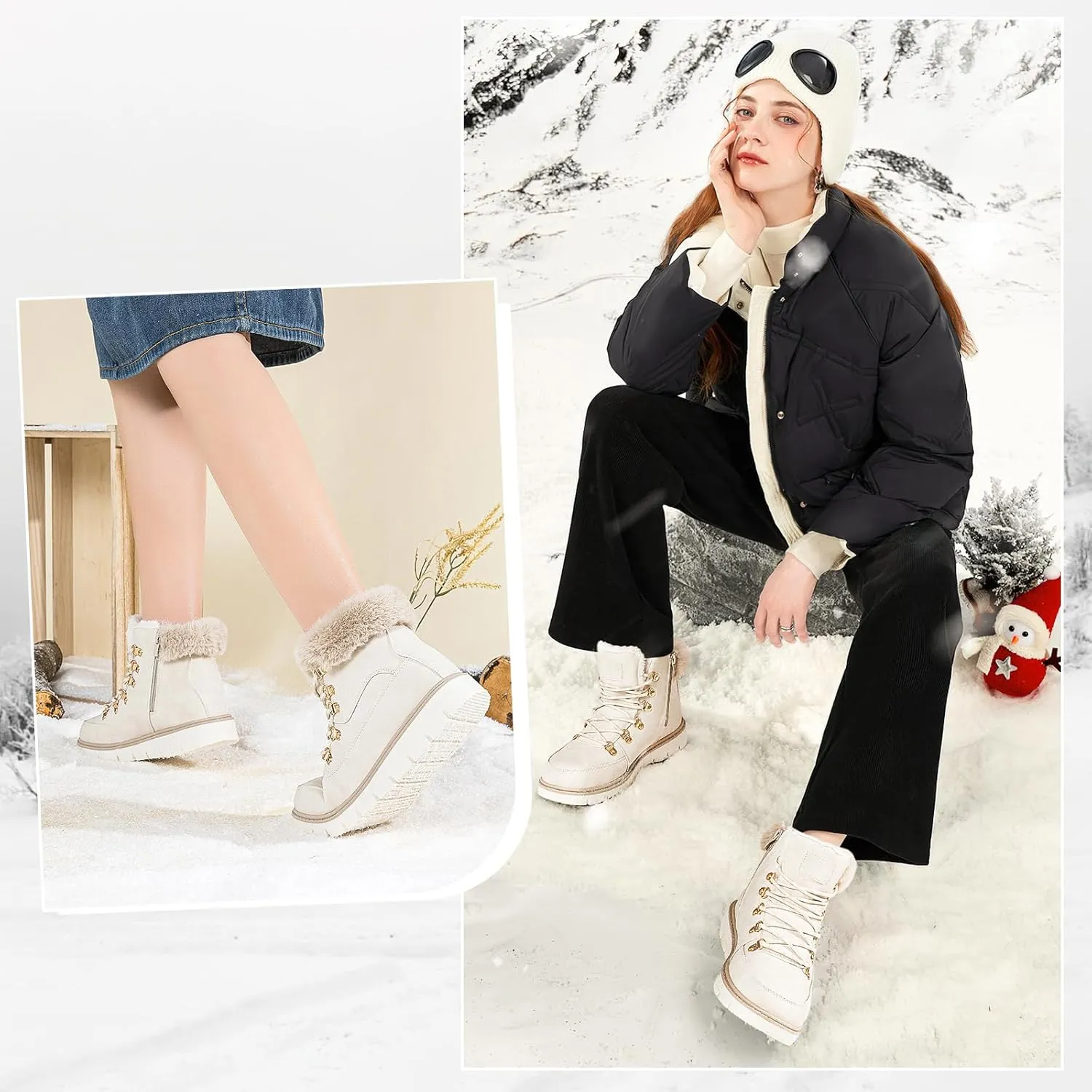 XRH Women’s Winter Warm Boots Black Snow Combat Boots With Zipper,Comfortable Fur Lined Women Ankle Boots Non Slip Hiking Boots For Women