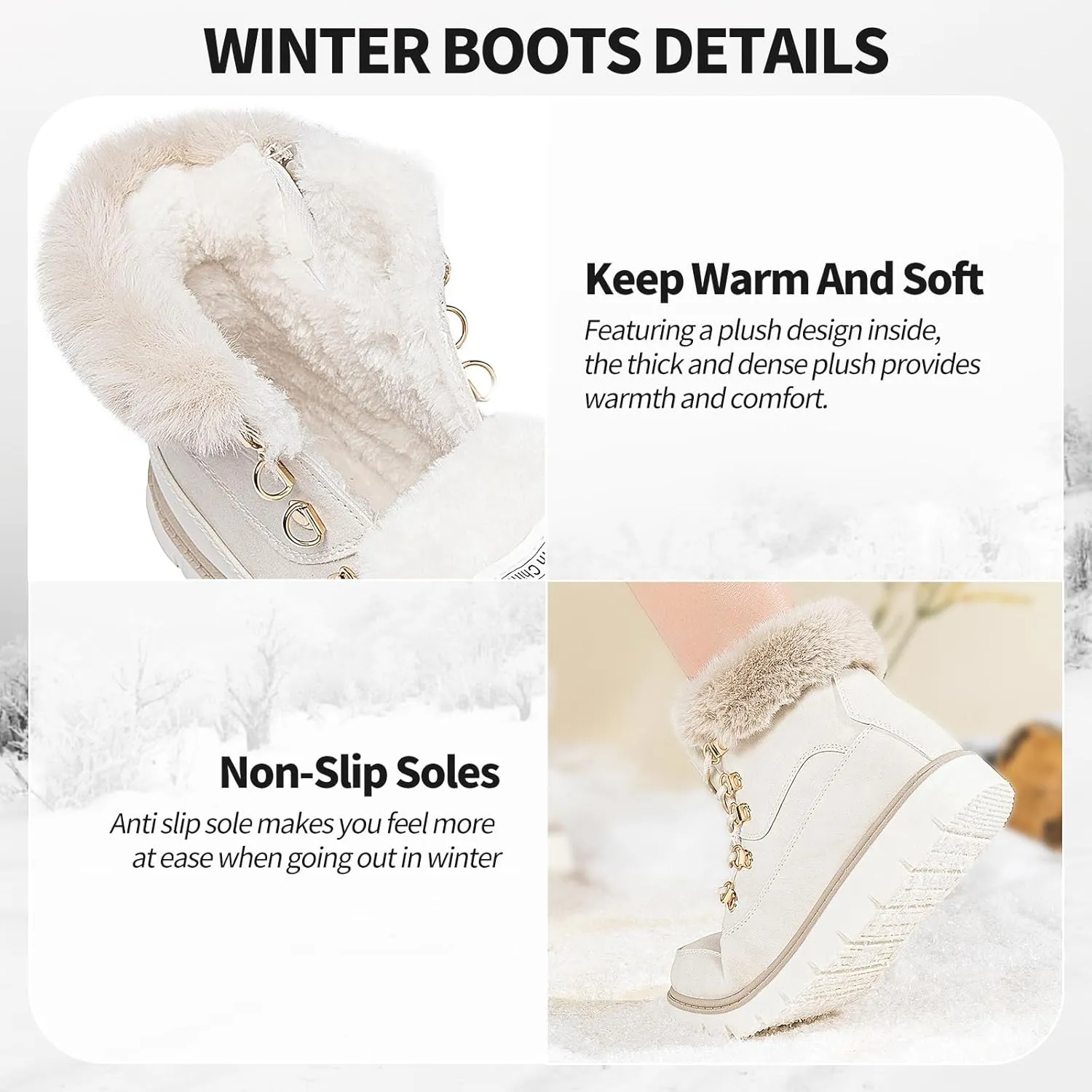 XRH Women’s Winter Warm Boots Black Snow Combat Boots With Zipper,Comfortable Fur Lined Women Ankle Boots Non Slip Hiking Boots For Women