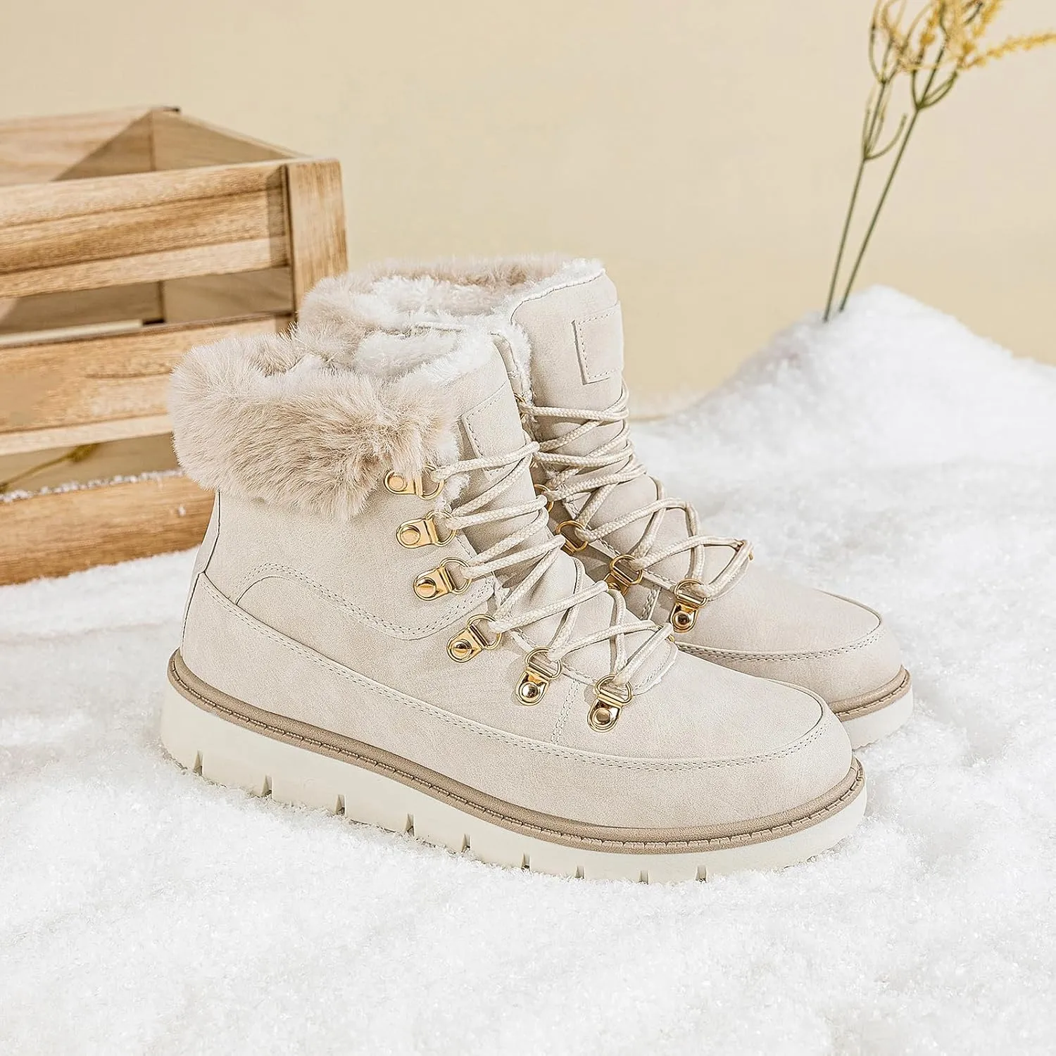 XRH Women’s Winter Warm Boots Black Snow Combat Boots With Zipper,Comfortable Fur Lined Women Ankle Boots Non Slip Hiking Boots For Women