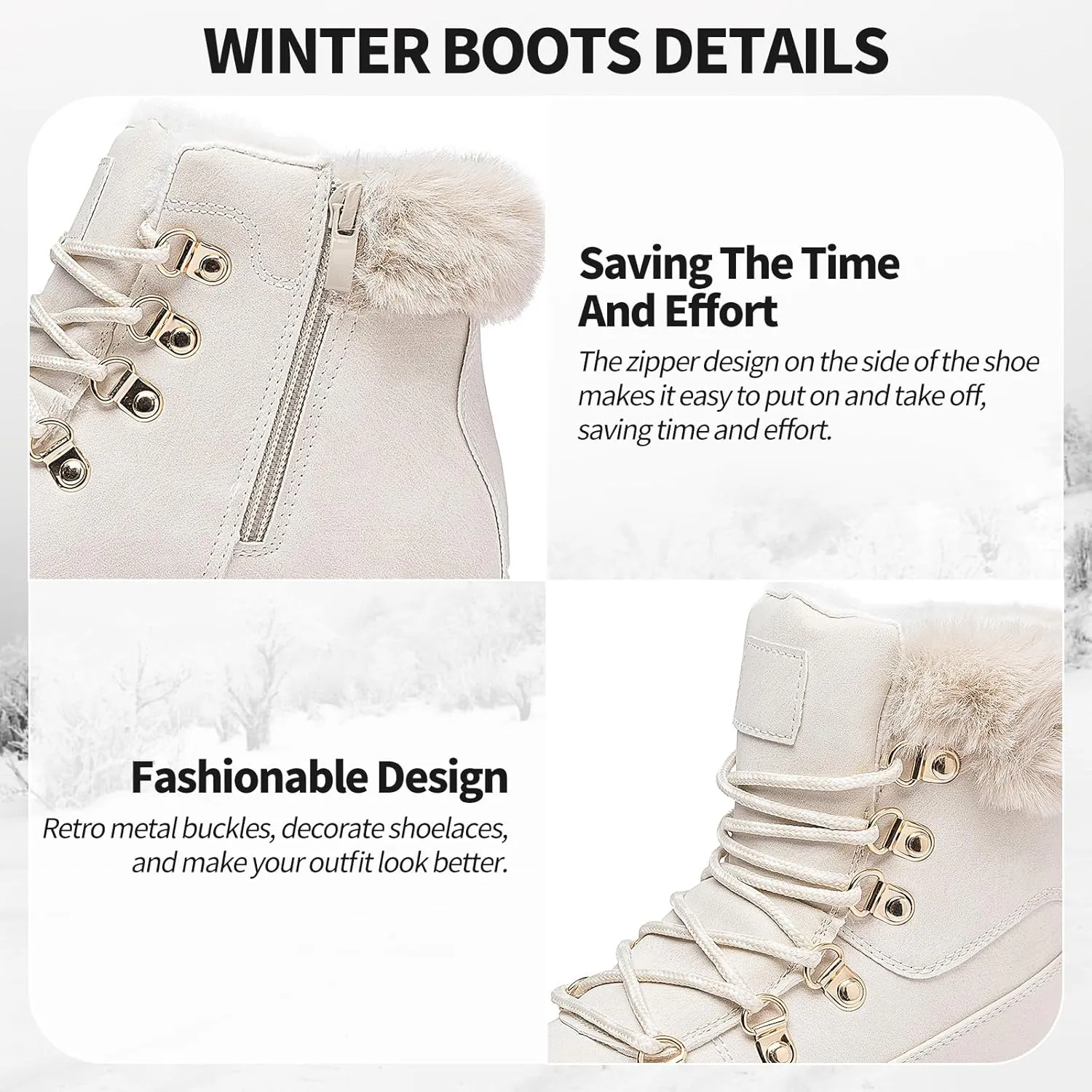 XRH Women’s Winter Warm Boots Black Snow Combat Boots With Zipper,Comfortable Fur Lined Women Ankle Boots Non Slip Hiking Boots For Women