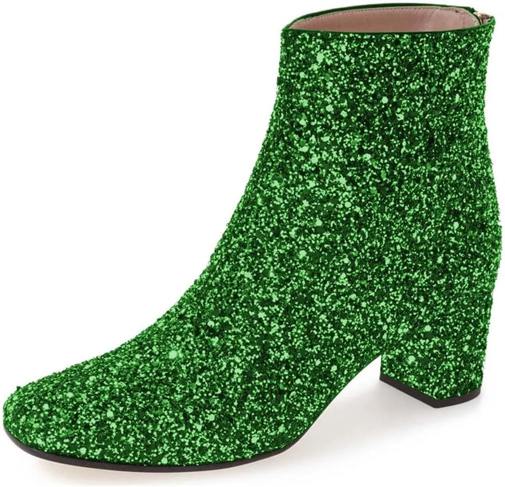 XYD Women Glitter Low Block Heel Ankle Boots Round Toe Festival Party Booties Shoes with Zip