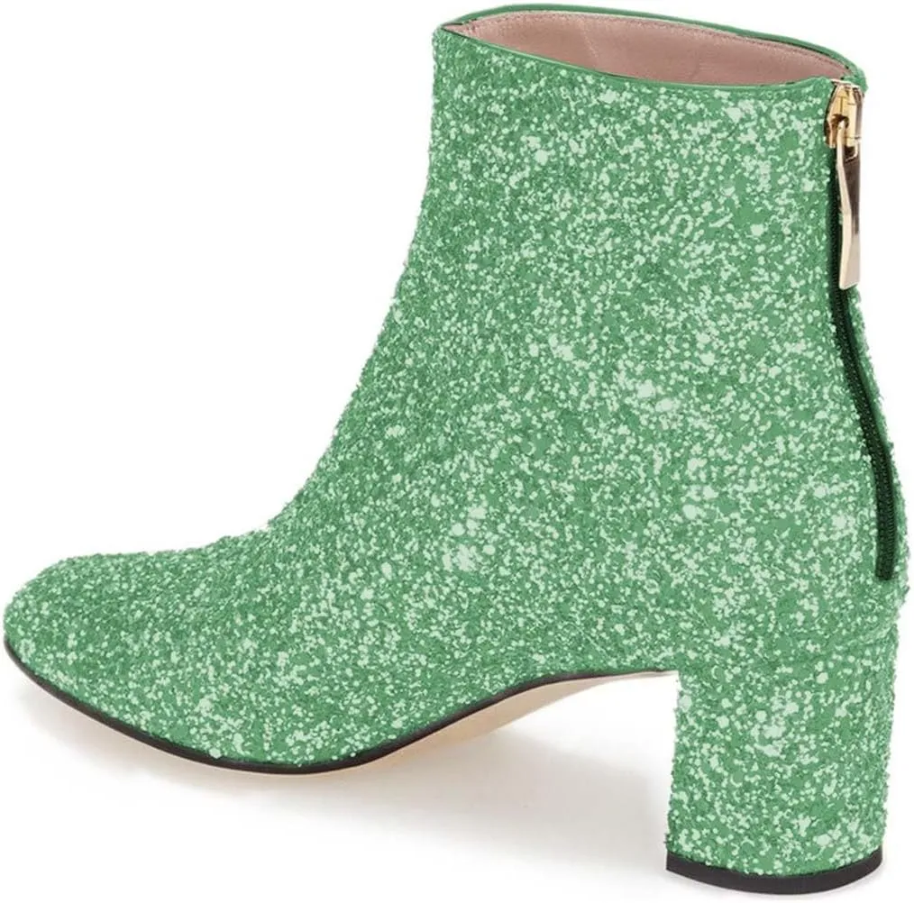 XYD Women Glitter Low Block Heel Ankle Boots Round Toe Festival Party Booties Shoes with Zip