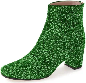 XYD Women Glitter Low Block Heel Ankle Boots Round Toe Festival Party Booties Shoes with Zip
