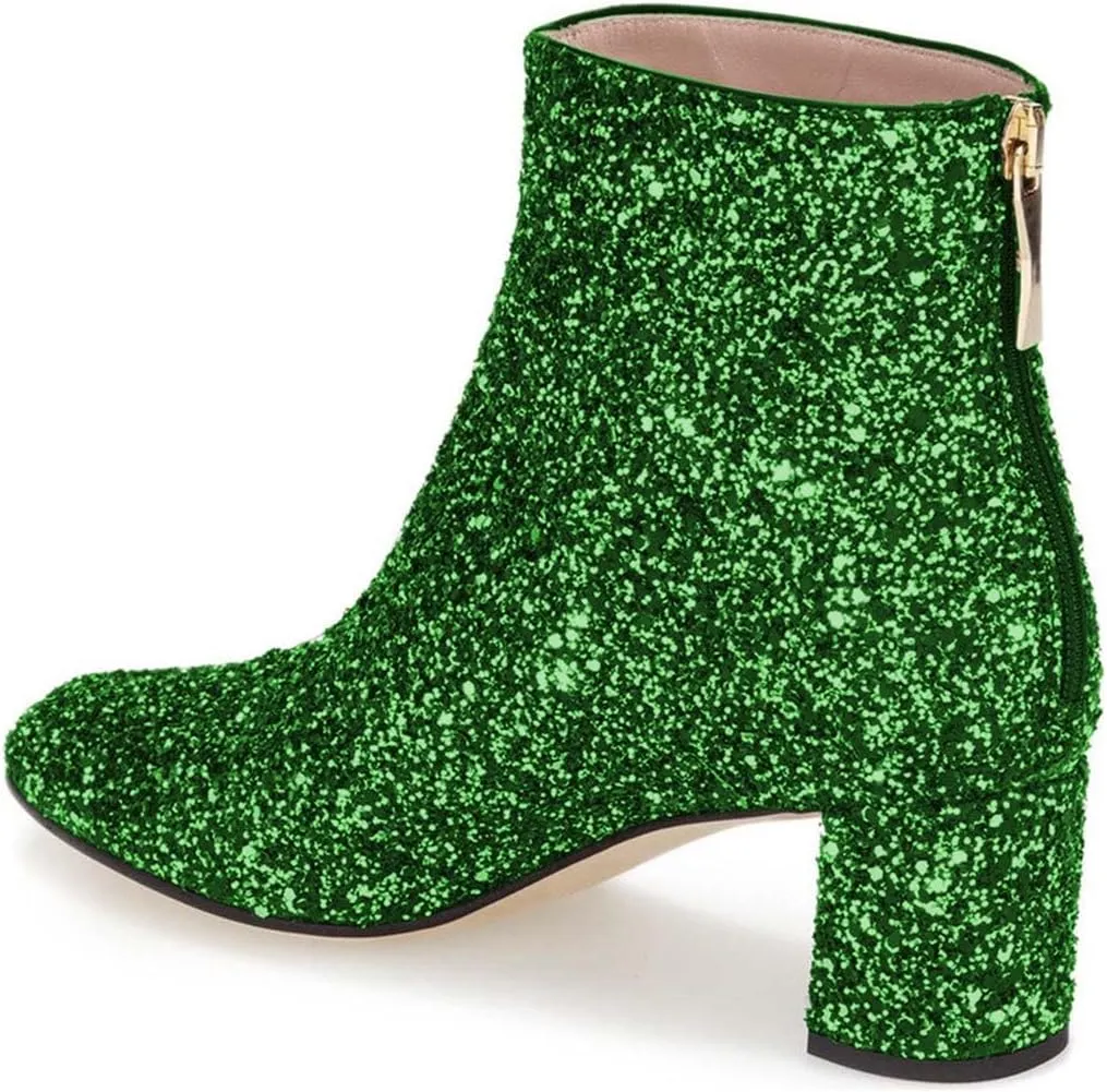 XYD Women Glitter Low Block Heel Ankle Boots Round Toe Festival Party Booties Shoes with Zip