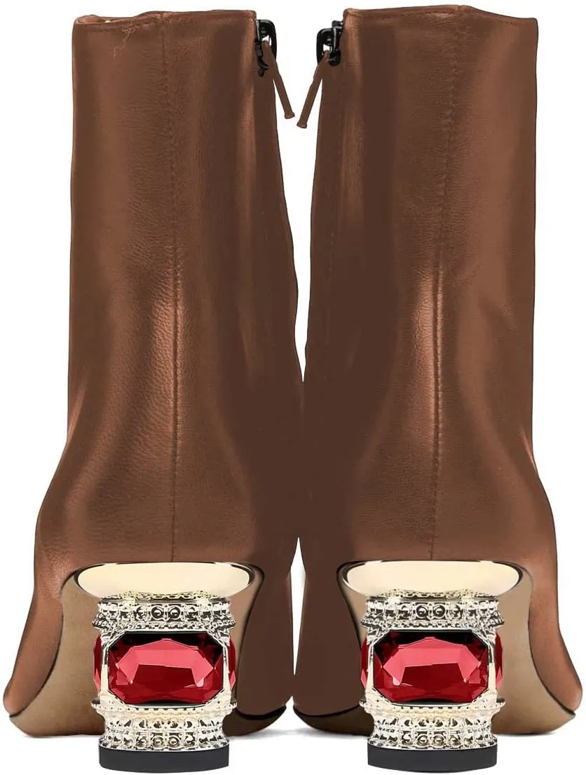 XYD Women Gorgeous Low Chunky Crystal Gem Heel Ankle Boots Closed Square Toe Short Bootie Side Zip Party Ballroom Dress Shoes