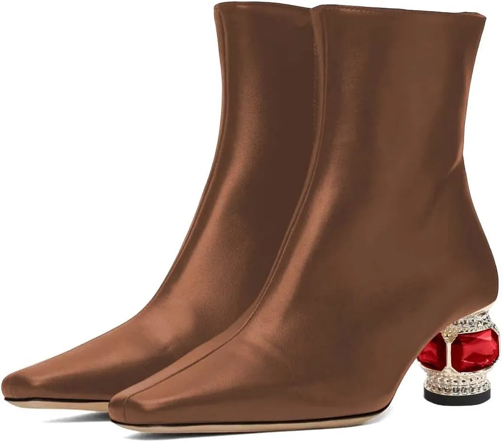 XYD Women Gorgeous Low Chunky Crystal Gem Heel Ankle Boots Closed Square Toe Short Bootie Side Zip Party Ballroom Dress Shoes