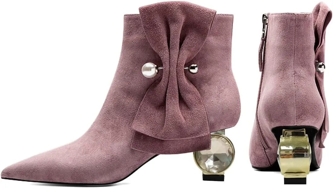 XYD Women Low Heel Ankle Boots Pointed Toe Pearl Side Bowknot Crystal Chunky Low Heels Inner Zip Booties Event Shoes