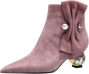 XYD Women Low Heel Ankle Boots Pointed Toe Pearl Side Bowknot Crystal Chunky Low Heels Inner Zip Booties Event Shoes