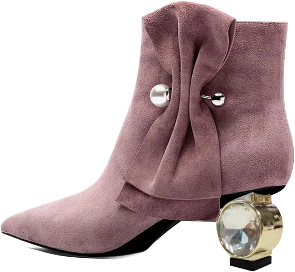 XYD Women Low Heel Ankle Boots Pointed Toe Pearl Side Bowknot Crystal Chunky Low Heels Inner Zip Booties Event Shoes