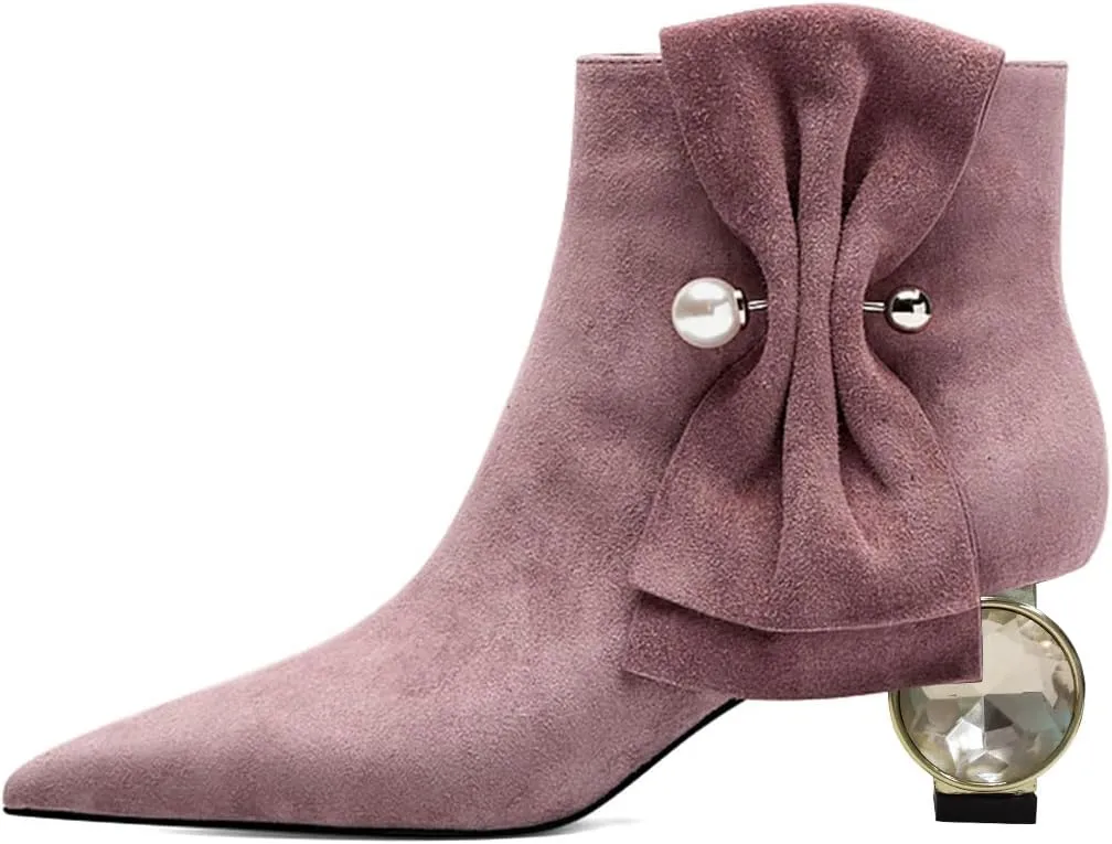 XYD Women Low Heel Ankle Boots Pointed Toe Pearl Side Bowknot Crystal Chunky Low Heels Inner Zip Booties Event Shoes