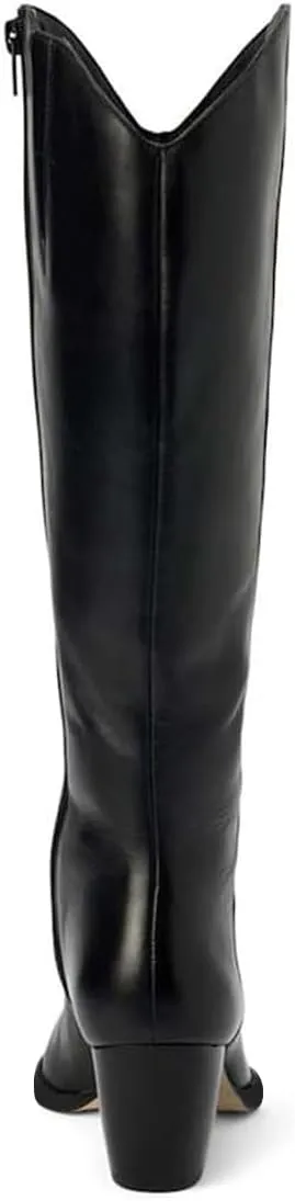 XYD Women Straight Knee High Boots with Side Zip Pointed Toe Cork Chunky Block Heel Booties Casual Dressy Shoes