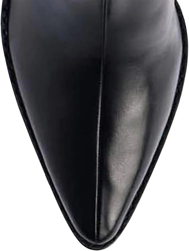 XYD Women Straight Knee High Boots with Side Zip Pointed Toe Cork Chunky Block Heel Booties Casual Dressy Shoes