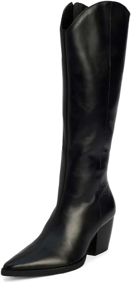 XYD Women Straight Knee High Boots with Side Zip Pointed Toe Cork Chunky Block Heel Booties Casual Dressy Shoes