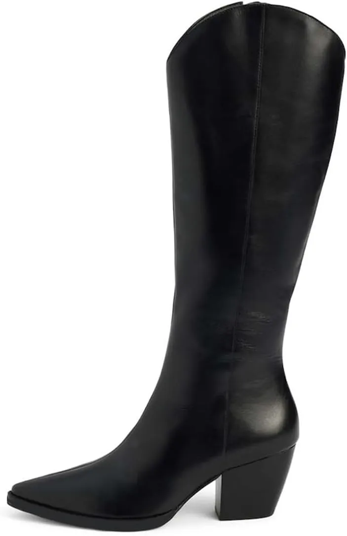 XYD Women Straight Knee High Boots with Side Zip Pointed Toe Cork Chunky Block Heel Booties Casual Dressy Shoes