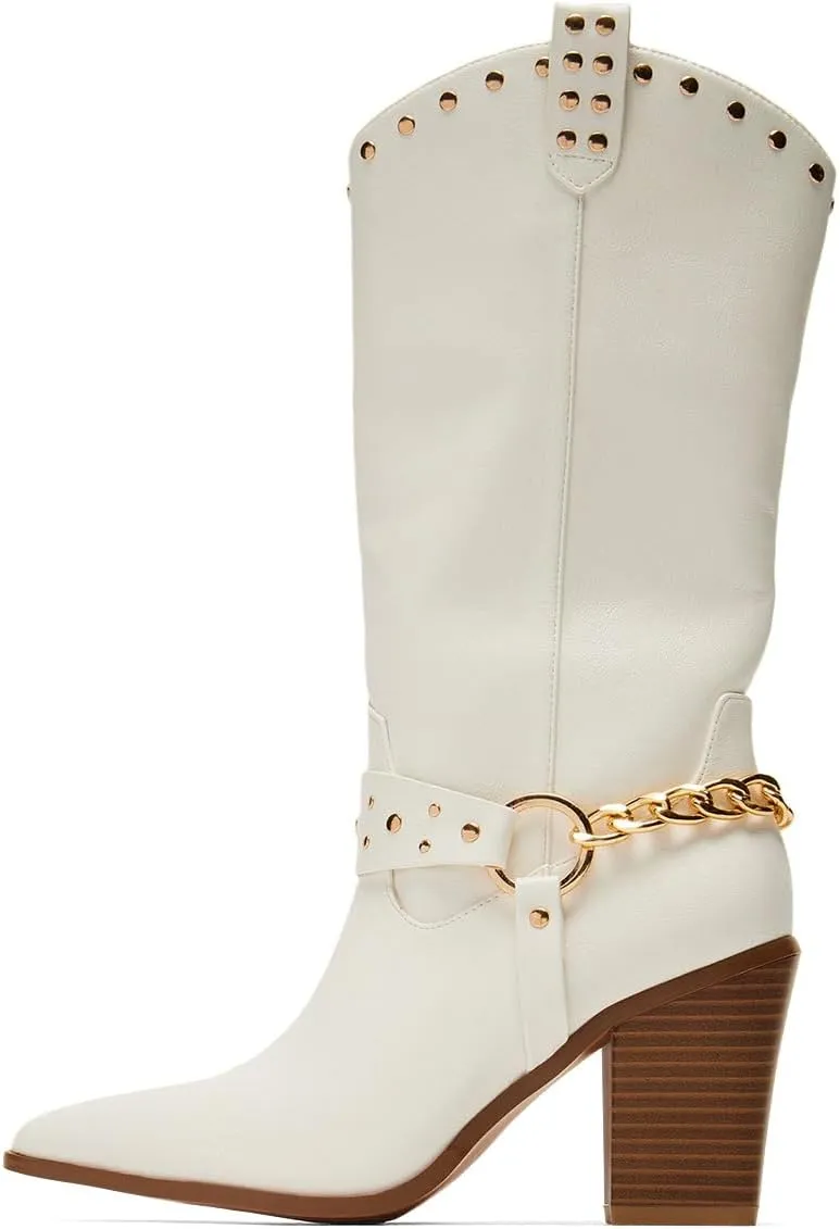 XYD Women's Stacked Cork Heel Knee High Boots Ankle Chain Strap Pointed Toe Golden Studs Outdoor Booties Shoes with Zip