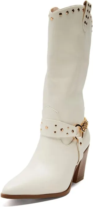 XYD Women's Stacked Cork Heel Knee High Boots Ankle Chain Strap Pointed Toe Golden Studs Outdoor Booties Shoes with Zip