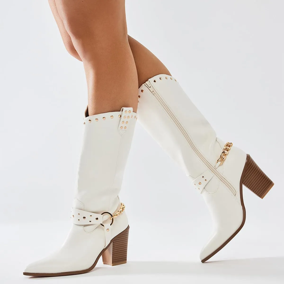 XYD Women's Stacked Cork Heel Knee High Boots Ankle Chain Strap Pointed Toe Golden Studs Outdoor Booties Shoes with Zip