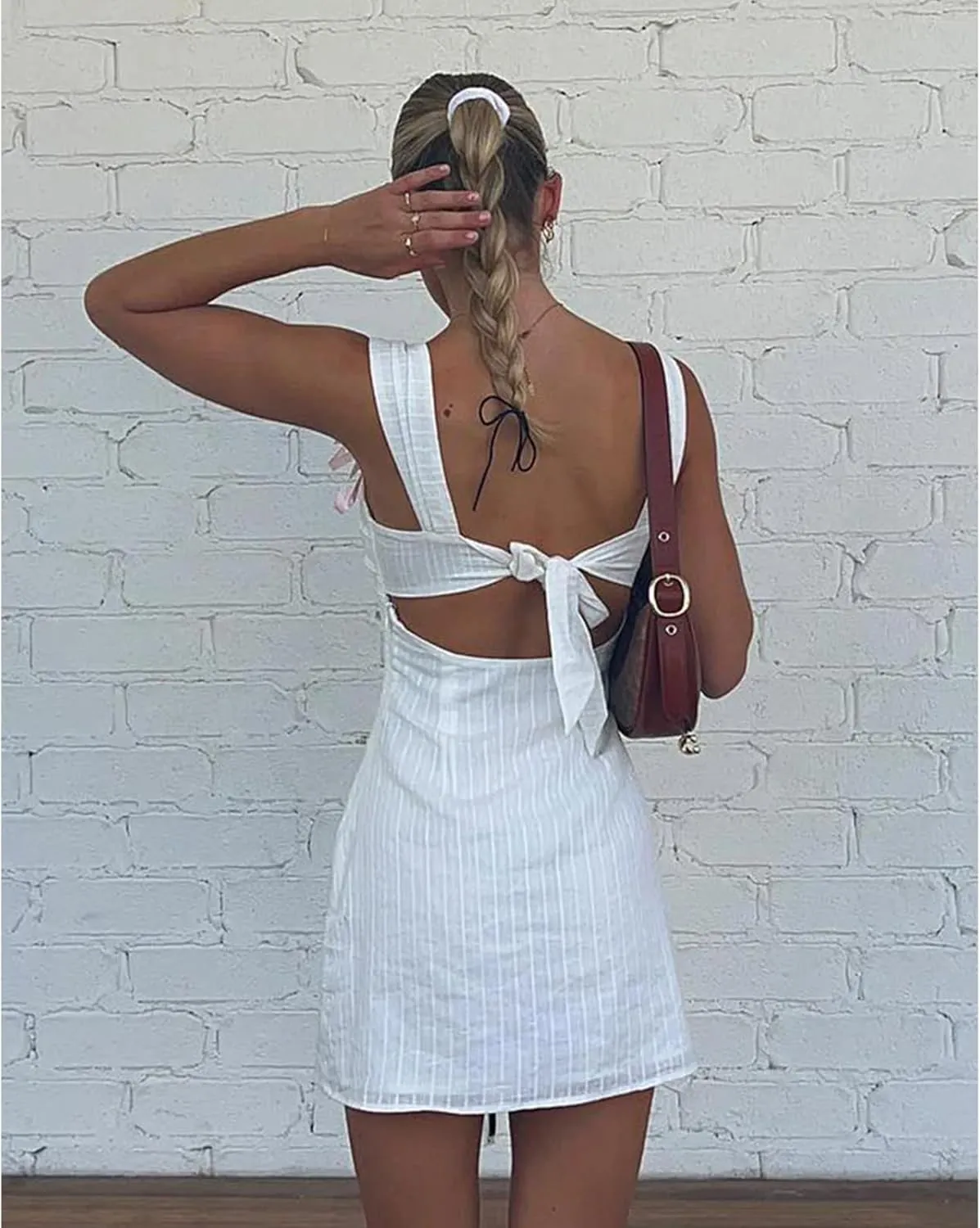 Y2k Tie Back Mini Dress for Women Teen Girls Y2k Square Neck Sleeveless Backless Thick Straps Lace Short Party Dress