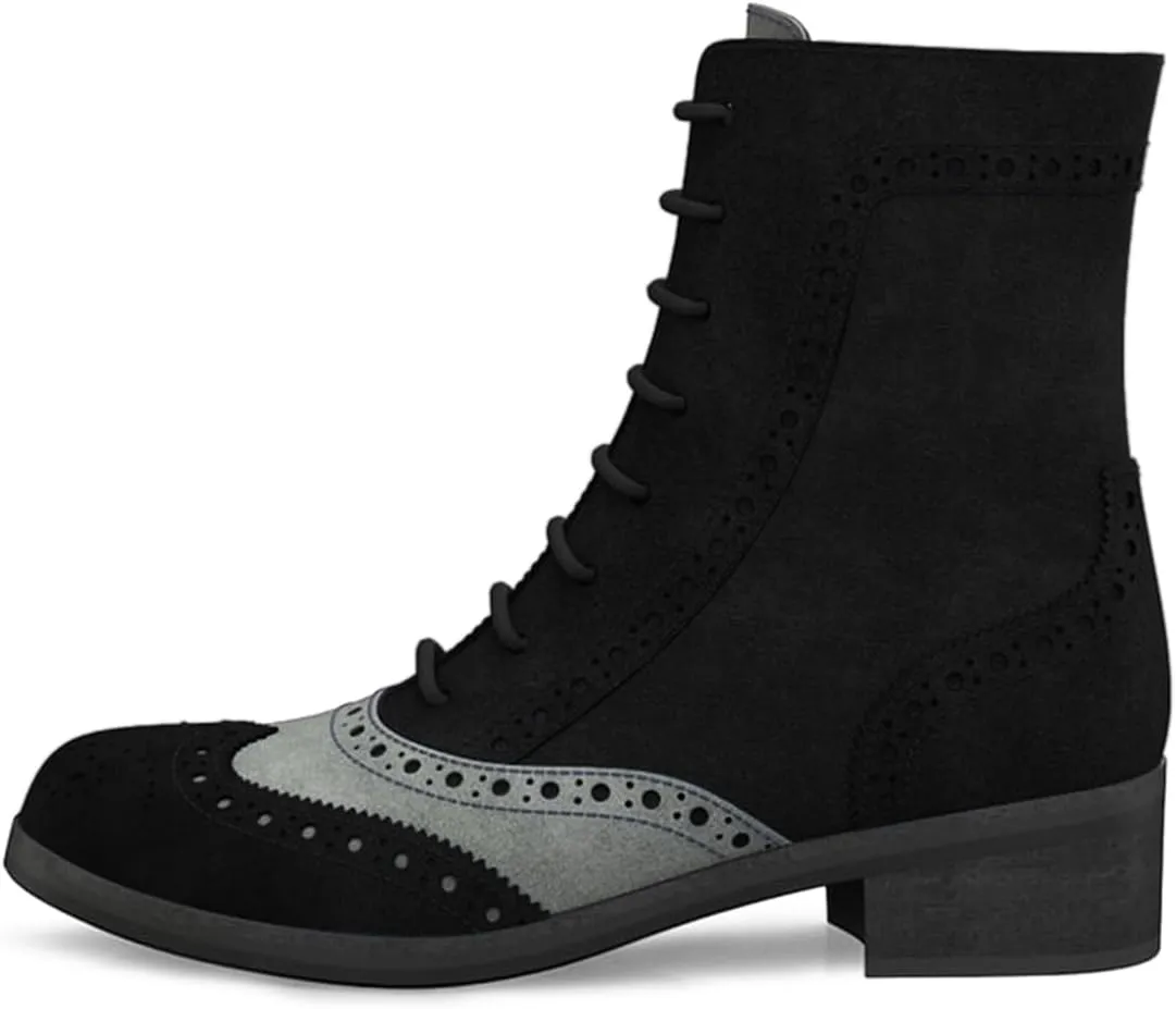 YDN Women Closed Toe Lace Up Wingtip Ankle Boots Side Zippers Low Heel Oxfords Brogue Boots Work Office Formal Shoes Size 4-16 US