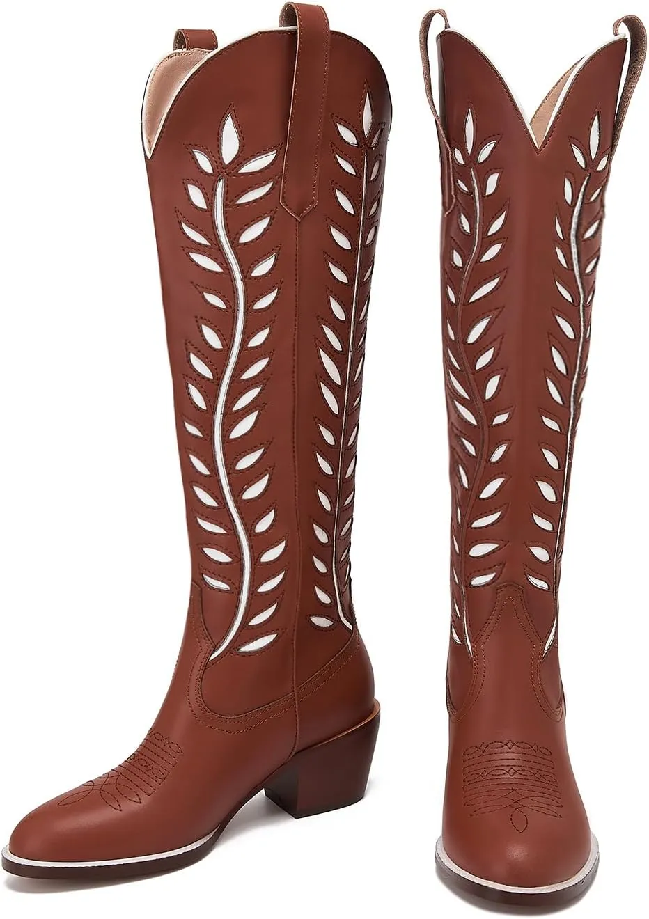 Yishaweiqi Embroidered Cowboy Boots for Women Almond Round Toe Chunky Heel Cowgirl Boots Pull On Knee High Western Boots with Contrast Foliage Inlay