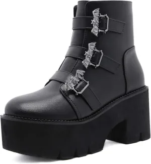 YIYA Women's Black Goth Platform Ankle Boots with Bat Wing Buckles Chunky Block Heels Round Toe Zipper Punk Motorcycle Combat Boots Comfy Short Gothic Booties