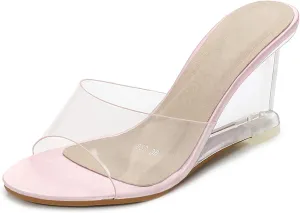 YIYA Women's Clear Wedge Sandals Transparent Open Toe Slip On Mule Lucite Heel Slide Dress Shoes